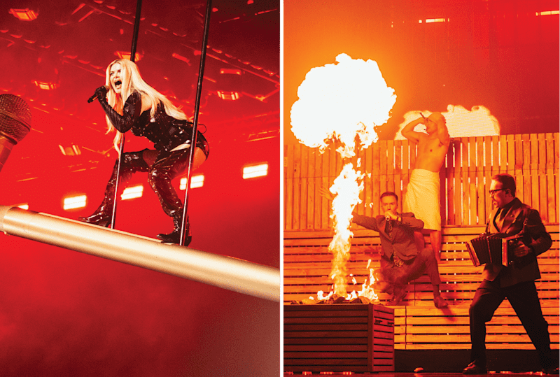 On the left, Erika Vikman sings in the air on the tube.  On the right, the singer, the dancer and the player's caller are on the sauna boards and huge flames rise from the stove.