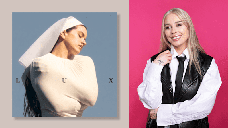 On the left, the album cover, where the woman is dressed in a white outfit and a headscarf.  On the right, a woman dressed in a leather vest, collared shirt and tie.