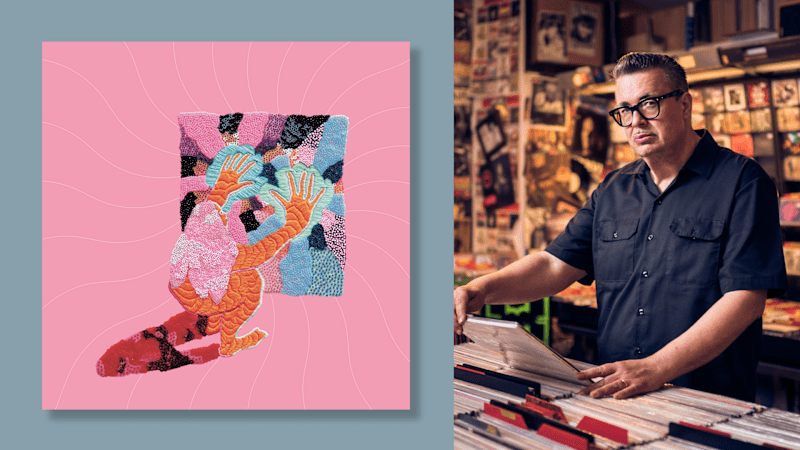 On the left, a colorful album cover with a creature raising its arms against the background.  On the right, a man is browsing vinyl records in the middle of records and posters.