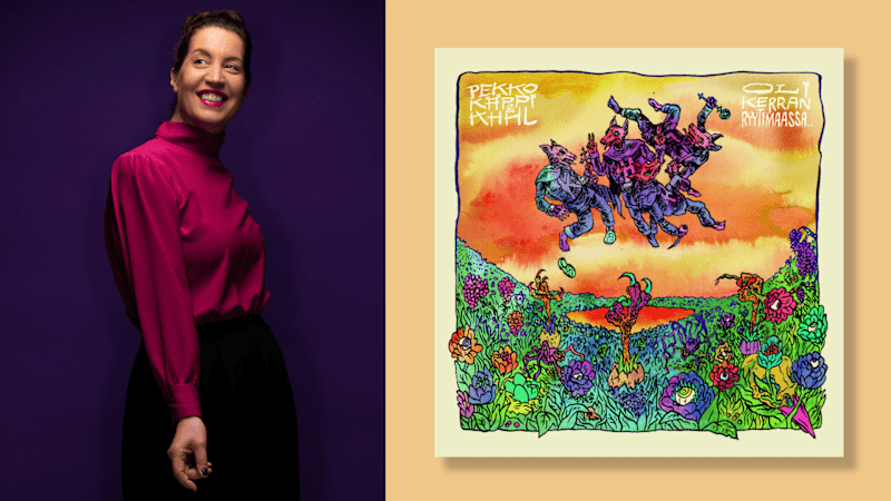 On the left, a woman in a purple blouse against a purple background.  On the right, the album cover with wolf-like creatures hovering in a colorful landscape.