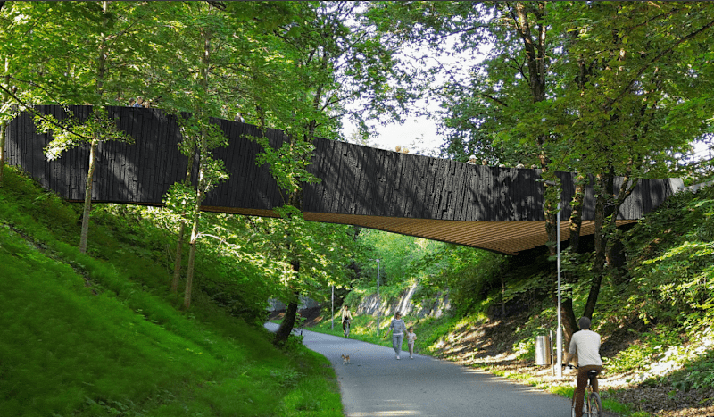 Observational photo where a dark bridge crosses the street.  The surface of the bridge looks vividly uneven.