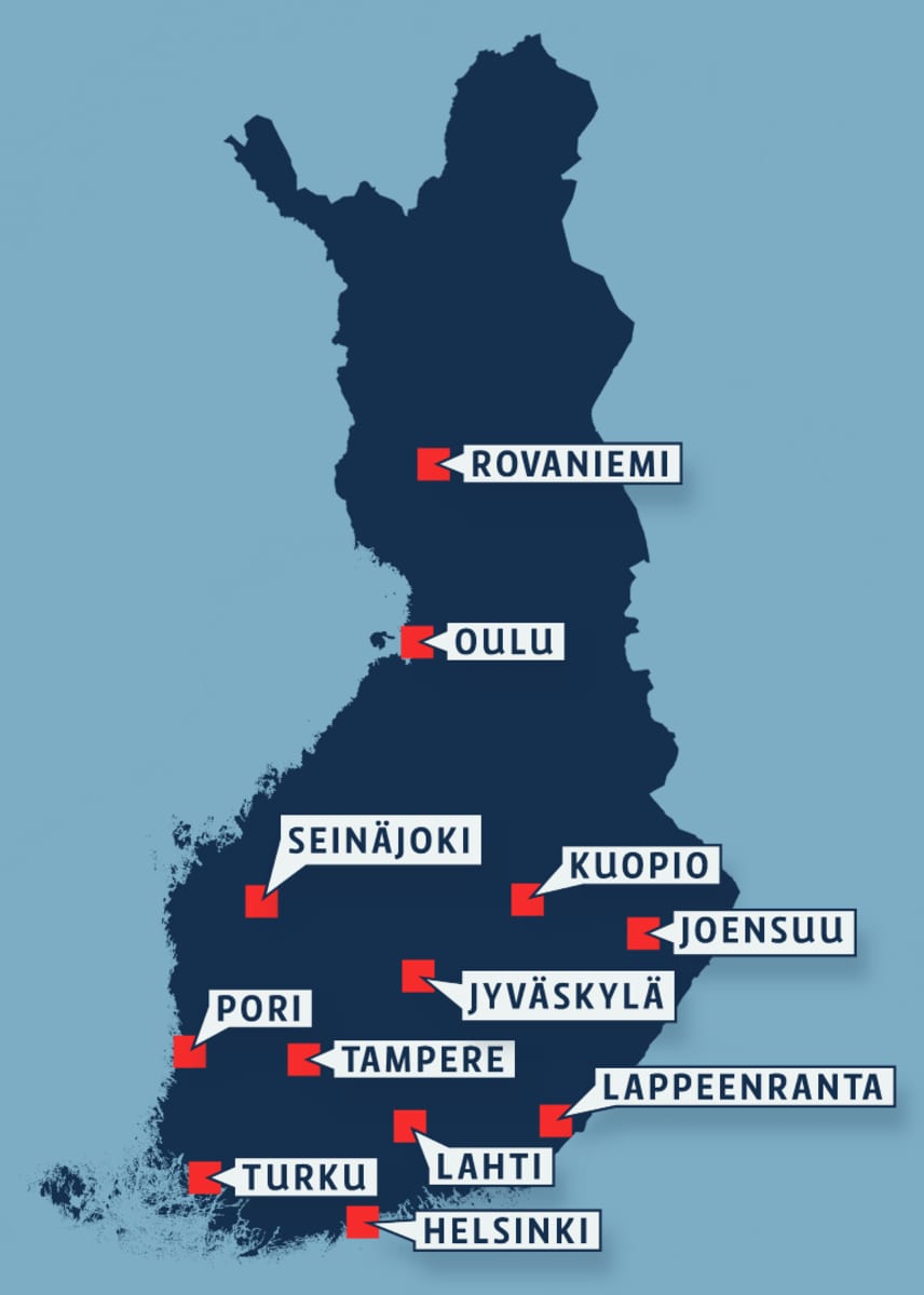Suomen kartta johon on merkitty Rovaniemi, Oulu, Seinäjoki, Kuopio, Joensuu, Jyväskylä, Pori, Tampere. Lappeenranta Lahti, Turku ja Helsinki.