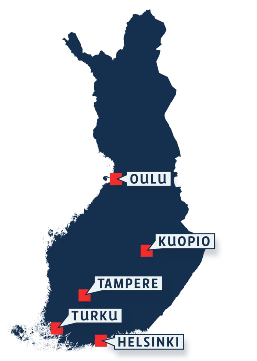 Suomen kartta johon on merkitty Oulu, Kuopio, Tampere, Turku ja Helsinki.