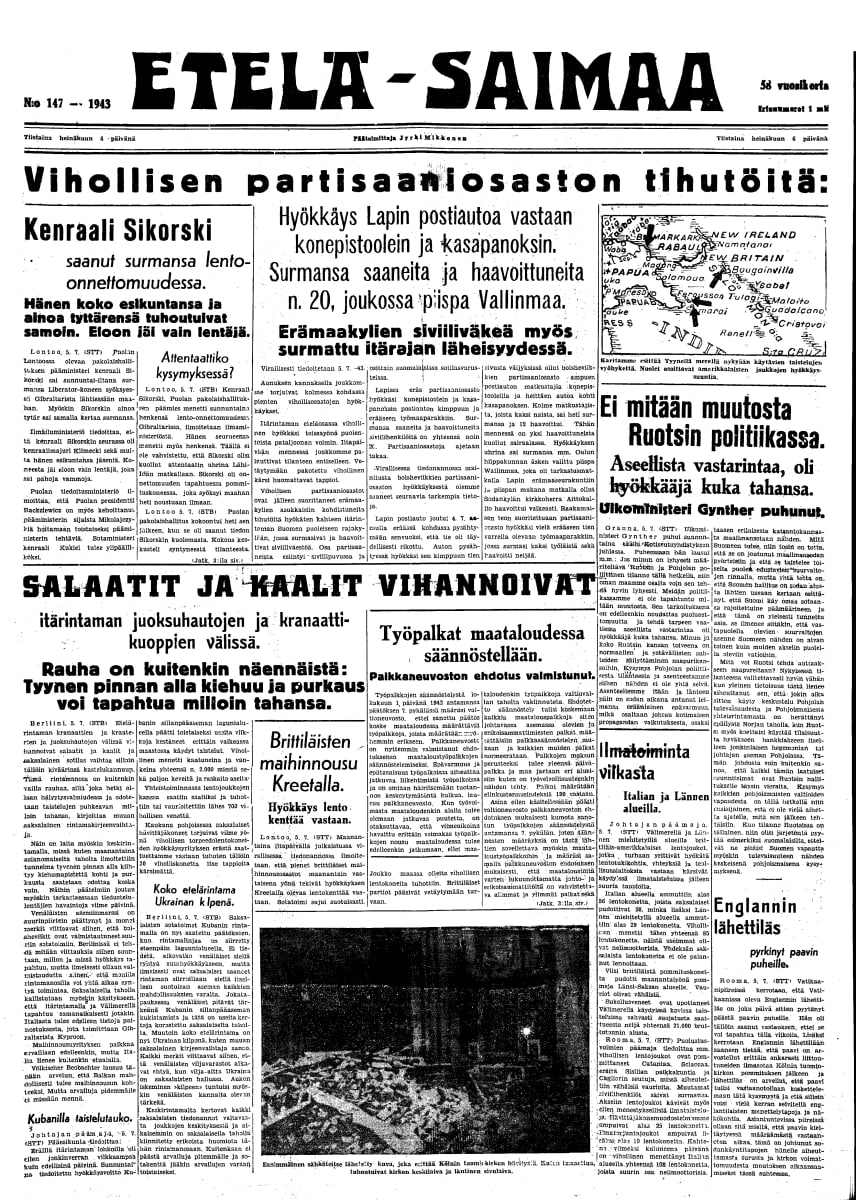Sanomalehti Etelä-Saimaan etusivu 1943. Vihollisen partisaaniosaston tihutöitä.