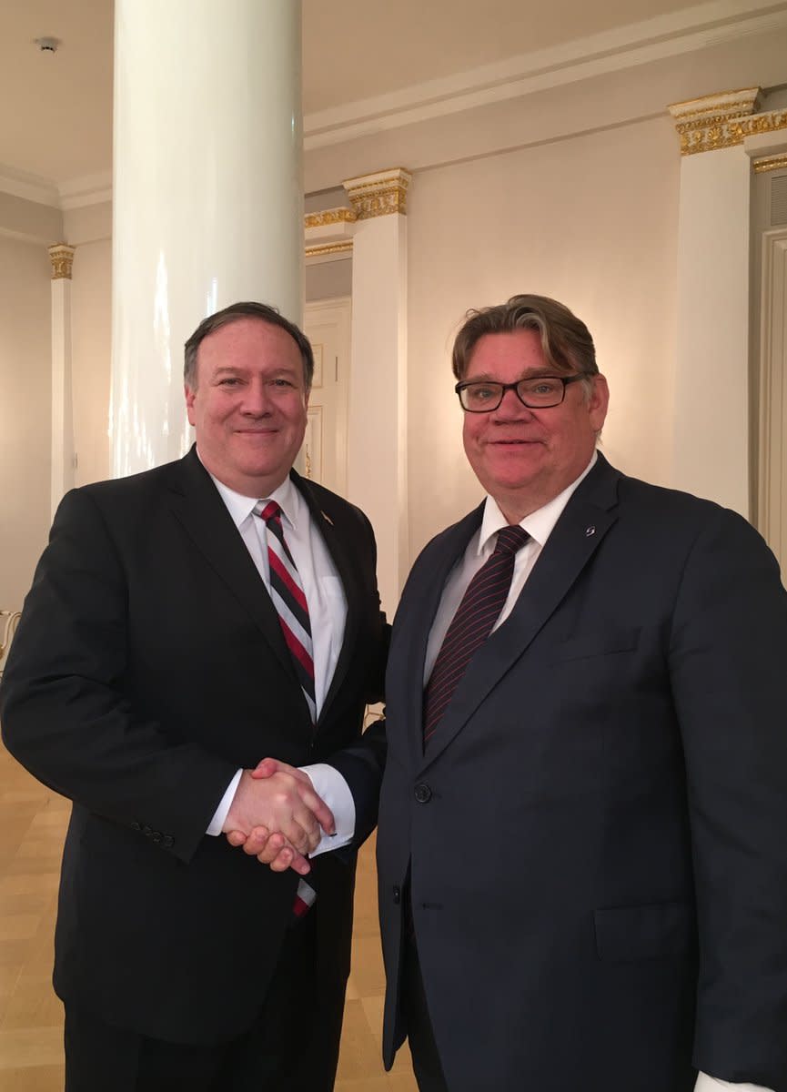 Yhdysvaltojen ulkoministeri Mike Pompeo ja Suomen ulkoministeri Timo Soini.