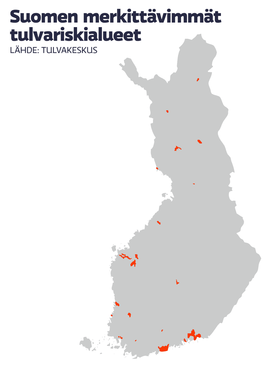 Kartta tulvariskialueista Suomessa.