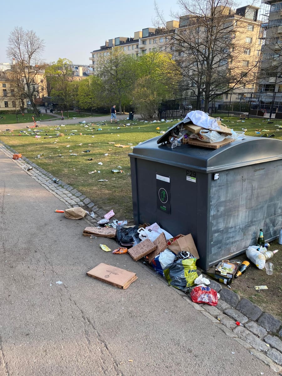 Rubbish strewn across Sinebrychoff Park in Helsinki.