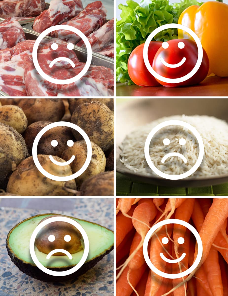 Kuvakollaasi erilaisista ruoka-aineista, joiden päällä on graafisia hymynaamoja ja hapannaamoja.