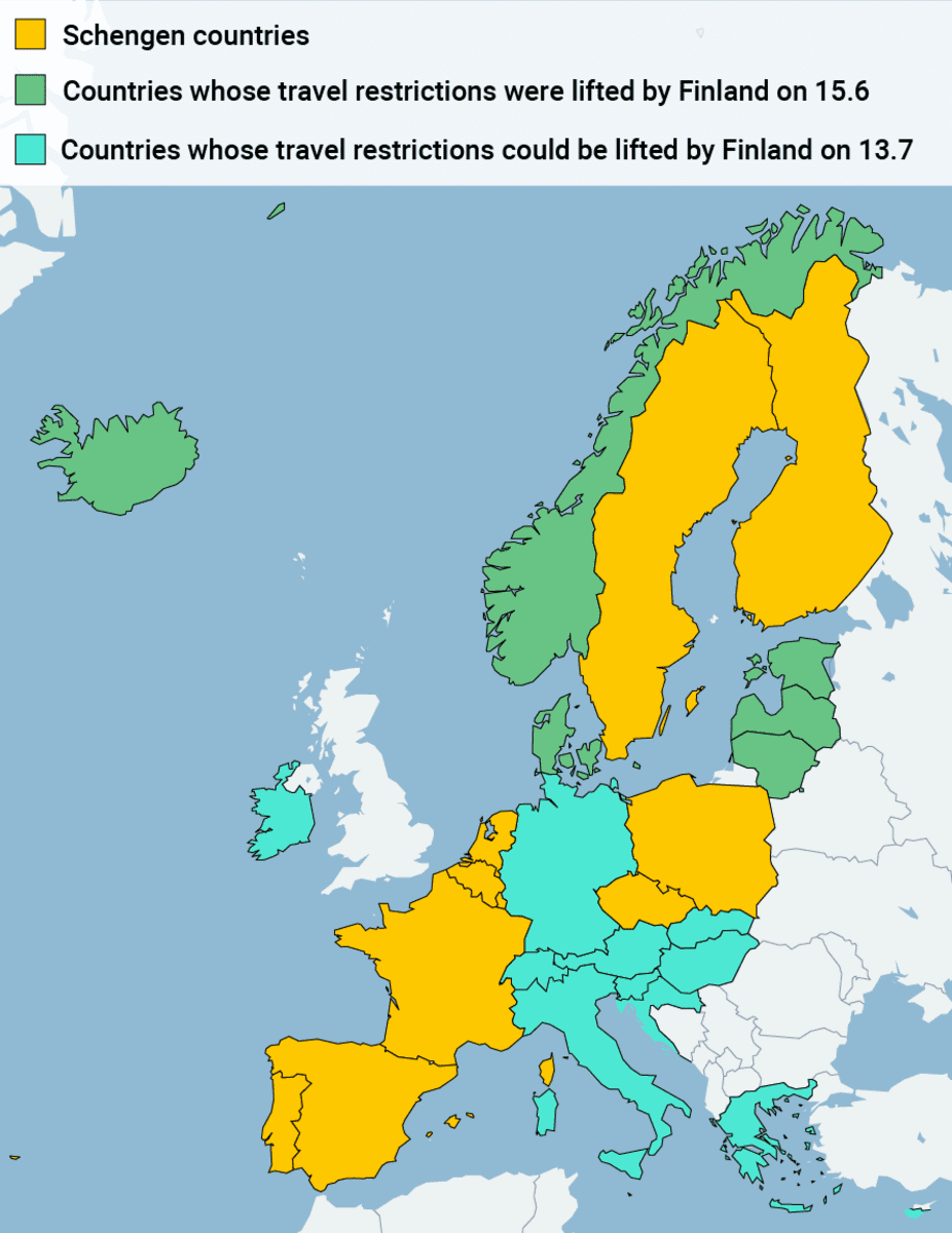 A graphic of the current travel restrictions. Countries whose travel restrictions were lifted by Finland on 15.6: Norway, Iceland, Denmark, Estonia, Latvia, Lithuania. Countries whose travel restrictions could be lifted by Finland on 13.7: Ireland, Germany, Switzerland, Austria, Italy, Slovakia, Hungary, Slovenia, Croatia, Greece. 