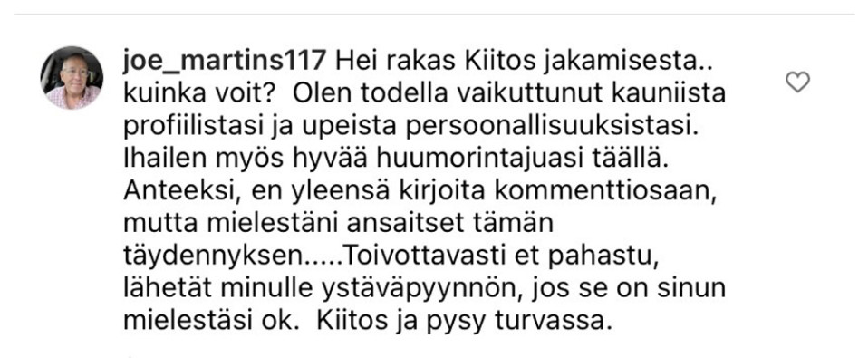 Instagramissa tullut huijausviesti.