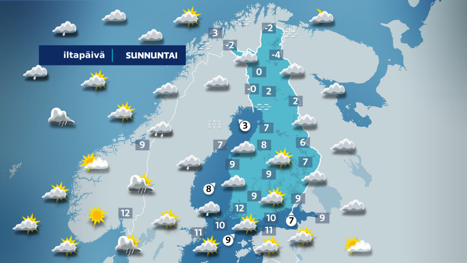 sunnuntai iltapäivän sääkartta.