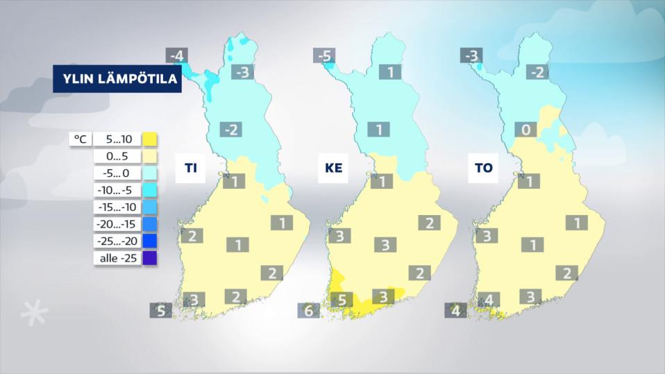 Sääkuva: Lämpötilaennuste 14.12. -  16.12.2021