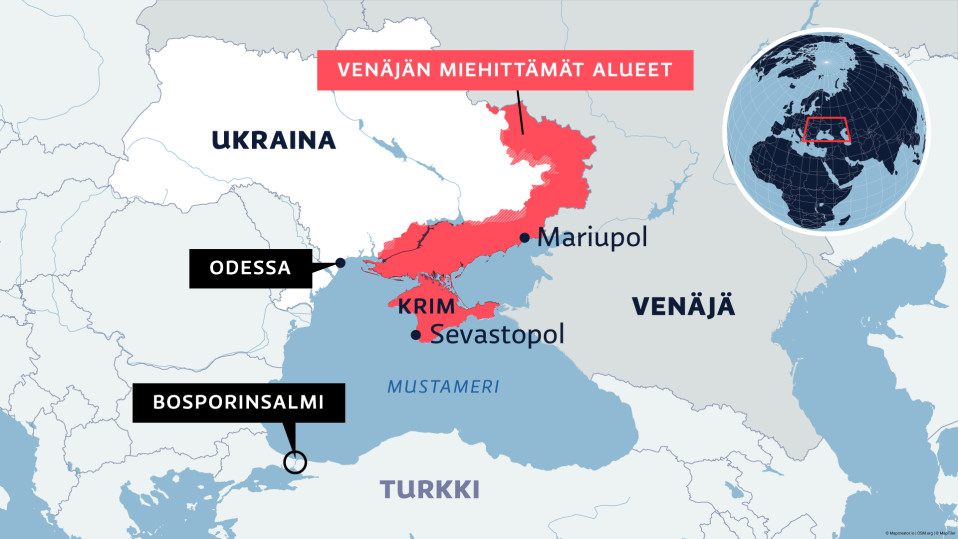 Ukrainan kartta, jossa näkyy Odessan satamakaupungin sijainti, sekä Turkille kuuluva Bosporinsalmi, jonka läpi Mustaltamereltä on meritie Välimerelle. Kartalla on myös kuvattu 9.6.2022 klo 15 Venäjän miehittämät alueet Ukrainasta. Valtaamatonta rantaviivaa on Etelä-Ukrainassa jäljellä enää vain vähän. 