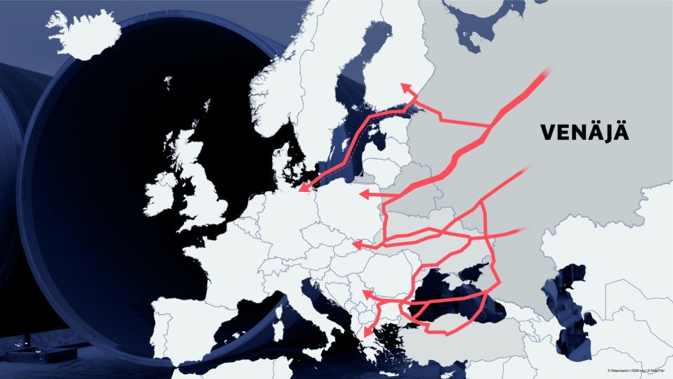 Karttakuva Venäjän kaasuputkista Eurooppaan