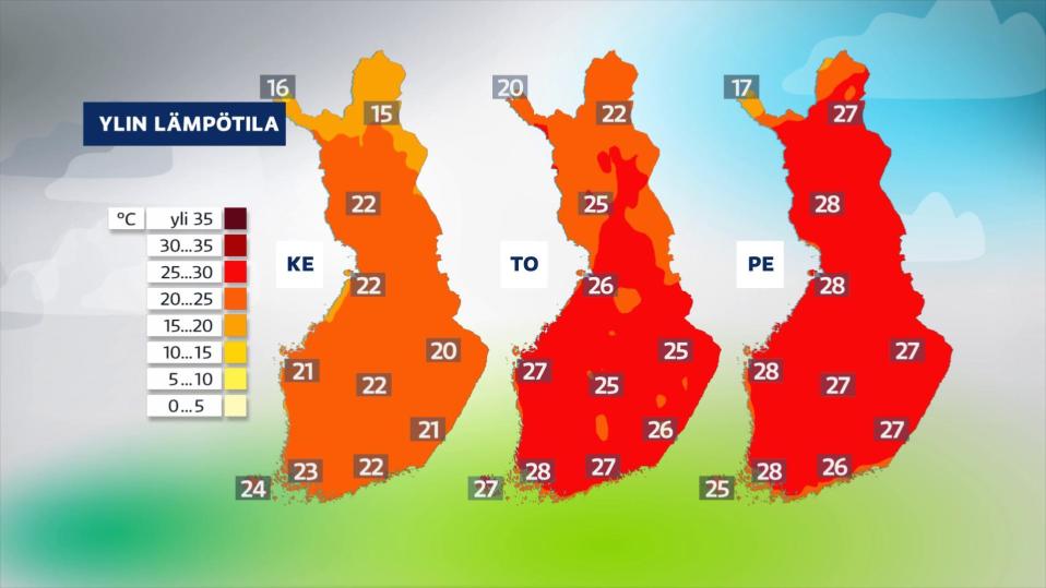 Kolme sääkarttaa rinnakkainen: keskiviikko, torstai ja perjantai. Torstai ja perjantai ovat hyvin punaisia.