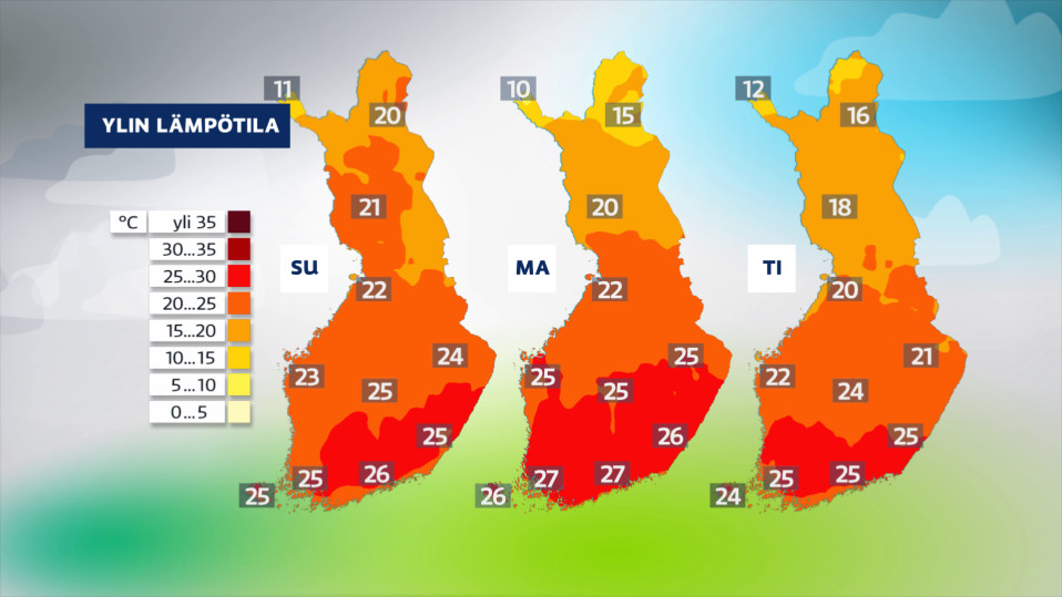 Sääkuva: Sää jatkuu etelässä helteisenä myös viikonlopun jälkeen. Lämpötilaennusteet sunnuntaista tiistaihin.