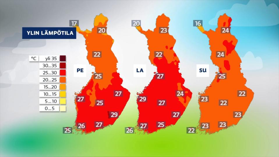 Kolme punaisena ja oranssina hehkuvaa sääkarttaa vierekkäin. Pe, la ja su.