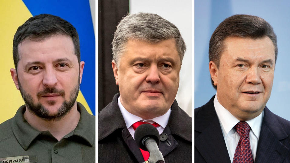 Kuvakollaasissa Zelenskyi, Porosenko ja Janukowitch