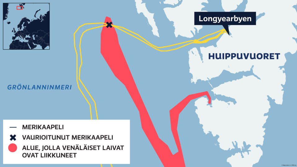 Kartta venäläisten laivojen liikkeistä ja merikaapeleista Grönlanninmerellä.