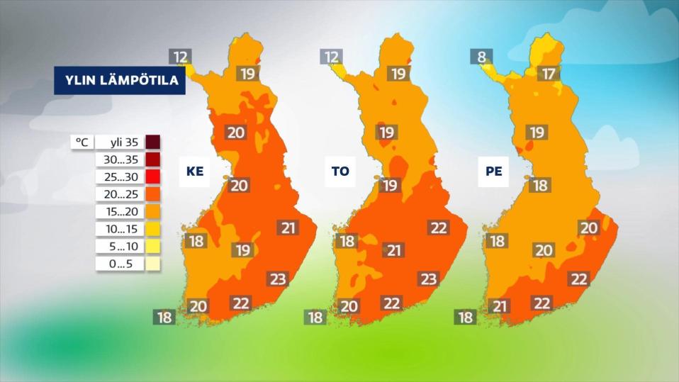 Kolme sääkarttaa keskiviikosta perjantaihin, lämpötila putoaa jopa kymmenisen astetta tai enemmän