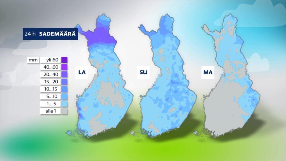 Lauantain, sunnuntain ja maanantain sademääriä ennustavat sääkartat.