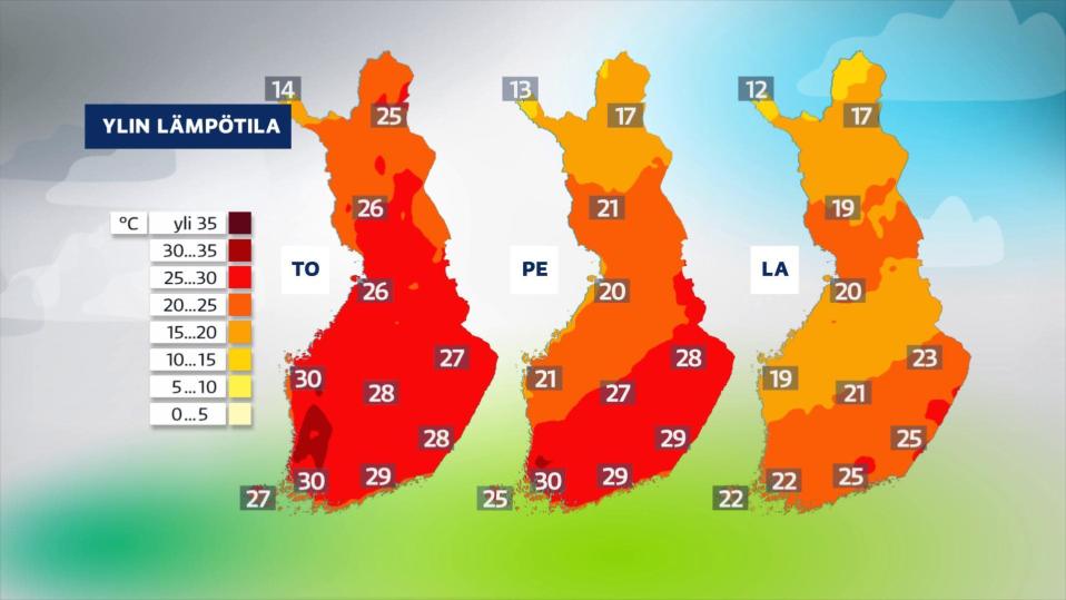 Sääkartta, jossa näkyy Suomen lämpötilat torstaista lauantaihin 21.7.-23.7. Torstaina lämpötila on suurimmassa osassa maata yli hellerajan, perjantaina Pohjois-Suomessa lämpötila painuu 20 asteen tienoille ja lauantaina hellelukemia on enää Kaakkois-Suomessa.