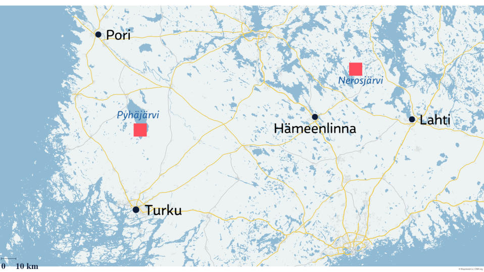 Etelä-Suomen kartta, johon on merkitty Pori, Turku, Hämeenlinna, Lahti sekä Pyhäjärvi ja Nerosjärvi.