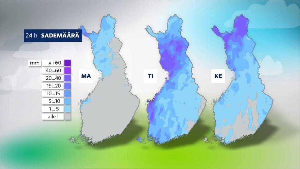 Karttagrafiikka näyttää sademäärät ajalla 25.-27.7. Kartasta näkee, että eniten sataa tiistaina, jolloin sadekertymät nousevat lännessä paikoin yli 20 millimetriin.