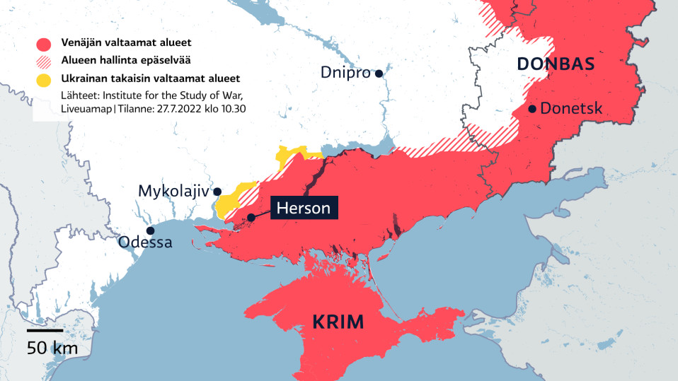 Kartalla Venäjän valtaamat alueet Itä-Ukrainassa 27.7.2022 klo 10.30.