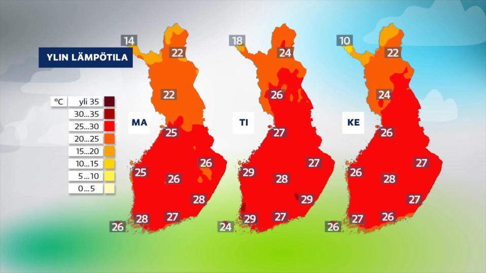 Kolmen päivän lämpötilaennuste kartat.