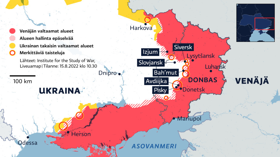 Kartalla Venäjän valtaamat alueet Itä-Ukrainassa 15.8.2022 klo 10.30.