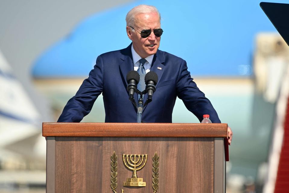 USA:s president Joe Biden håller tal efter ankomst till Israel under sin första Mellanösternresa som president.