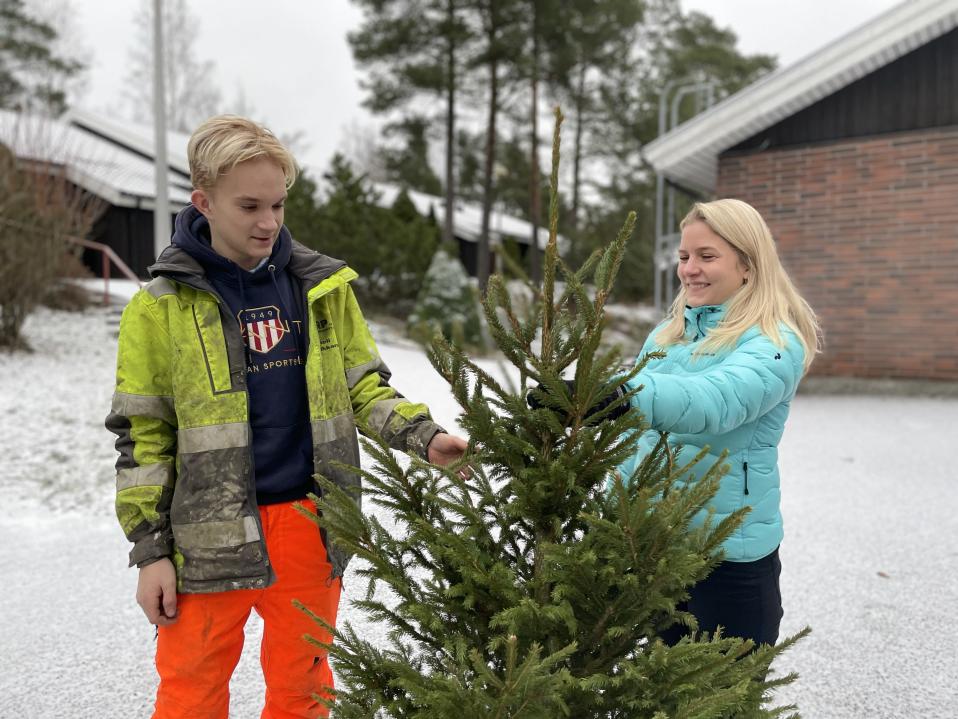 Nuori mies ja nainen ulkona, mies ojentaa naiselle joulukuusen