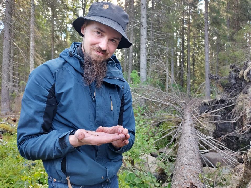 Sinitakkinen, parrakas nuori mies seisoo kaatuneen puun vieressä metsässä ja pitää kädessään pieniä hyönteisiä.