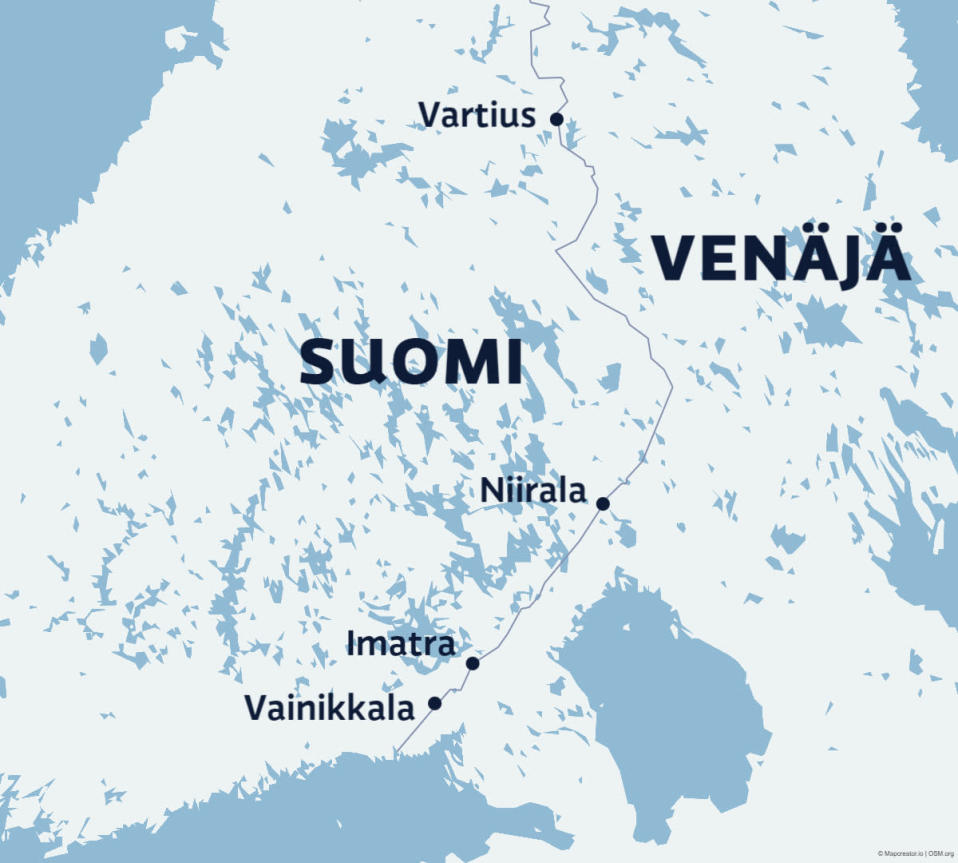 Raideliikenteen rajanylityspaikat Itärajalla (Vartius, Niirala, Imatra ja Vainikkala).