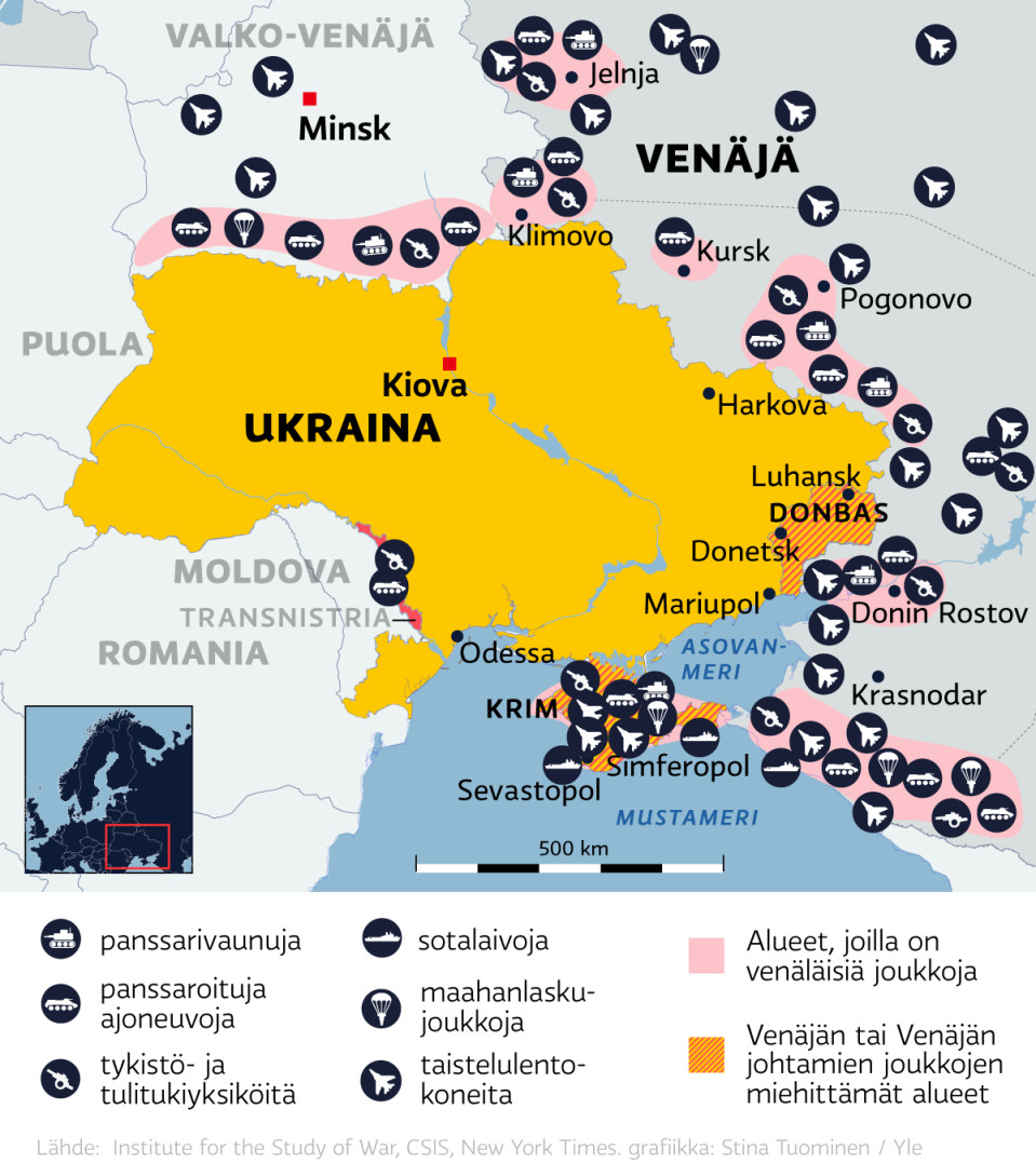 Kartta. Venäläisen sotajoukot Ukrainan ympärillä.