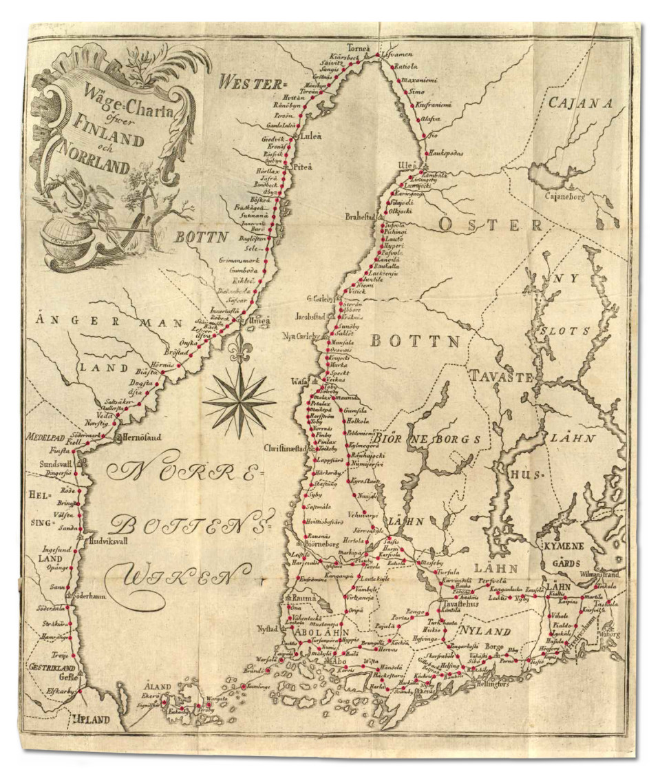 Vuoden 1740 kartassa merkittynä Suomen ja Norlannin tiet ja kestikievarit. Kievareita on pääteillä verrattain paljon, asetusten mukaan niitä tuli olla 20 kilometrin välein.