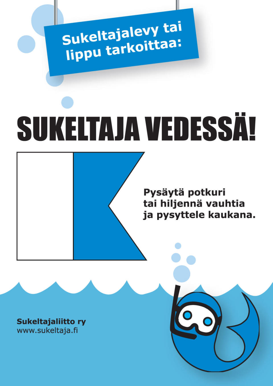 Kuvassa sinivalkoinen sukeltajan lippu ja sen merkitys.