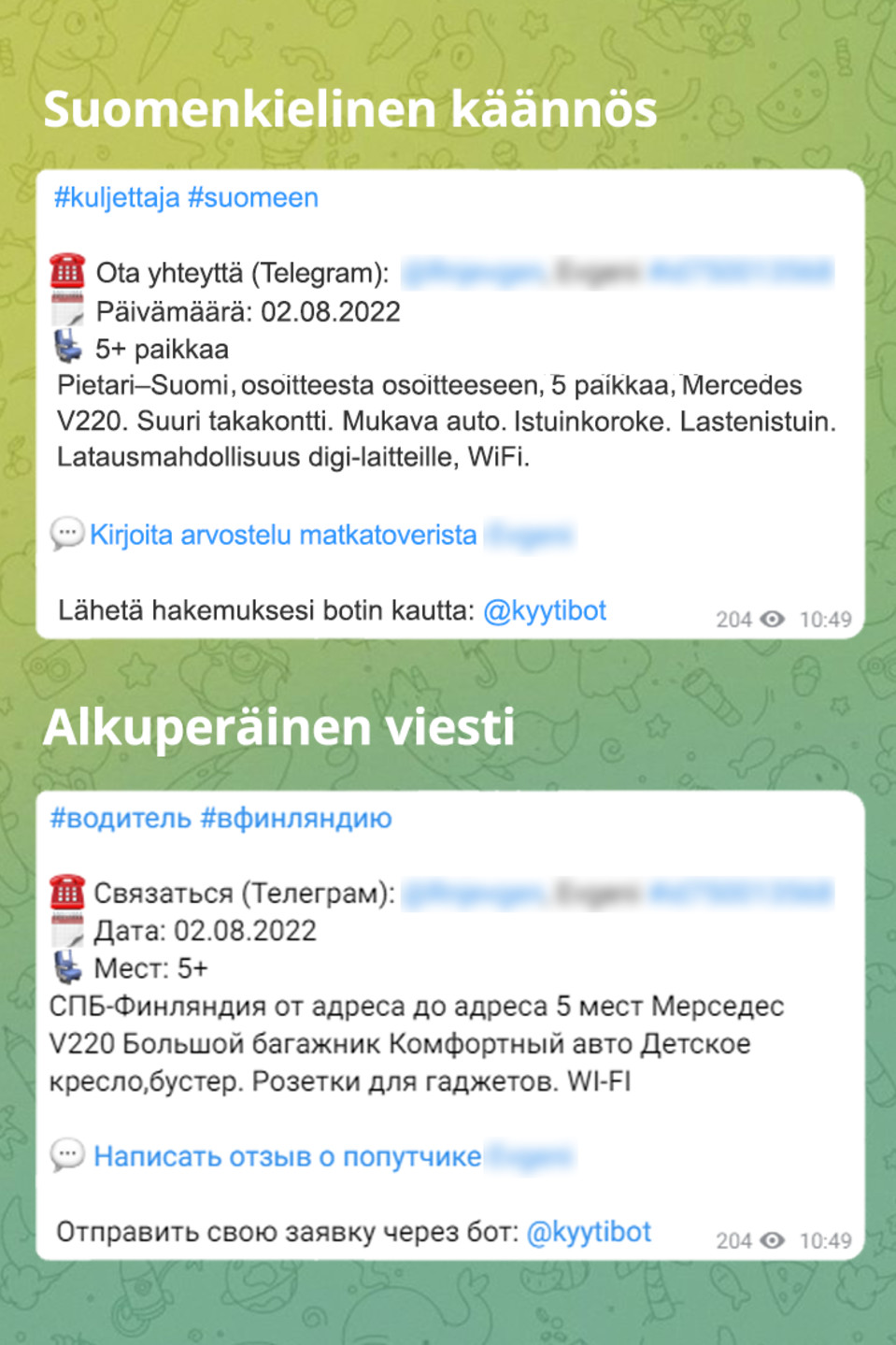 Autokyytitarjous Telegram-ryhmässä matkalle Pietarista viiteen kohteeseen Suomessa.