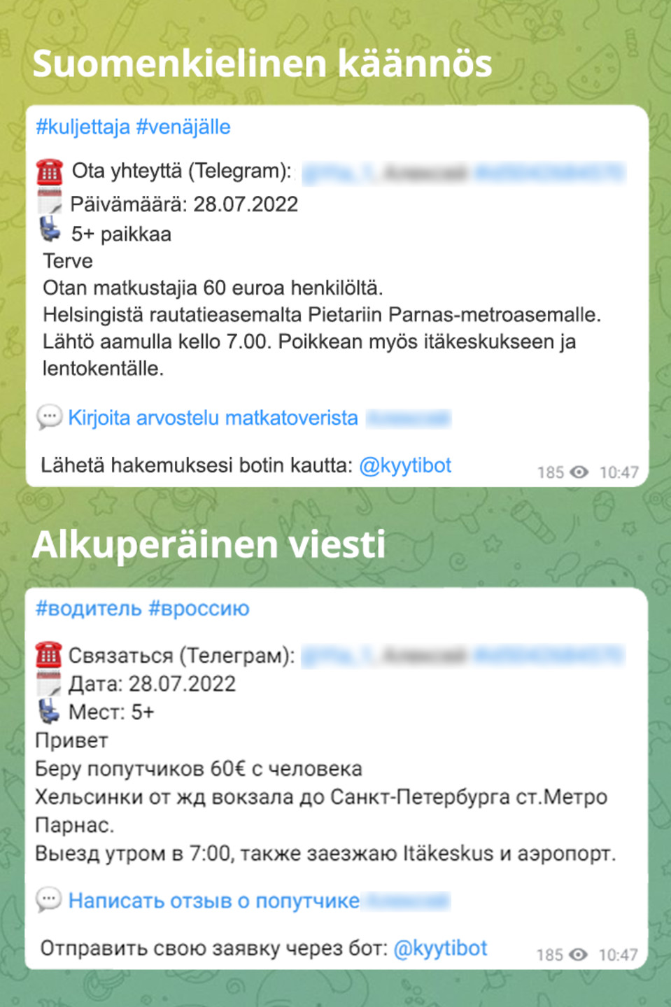 Autokyytitarjous Telegram-ryhmässä matkalle Helsingistä Pietariin.