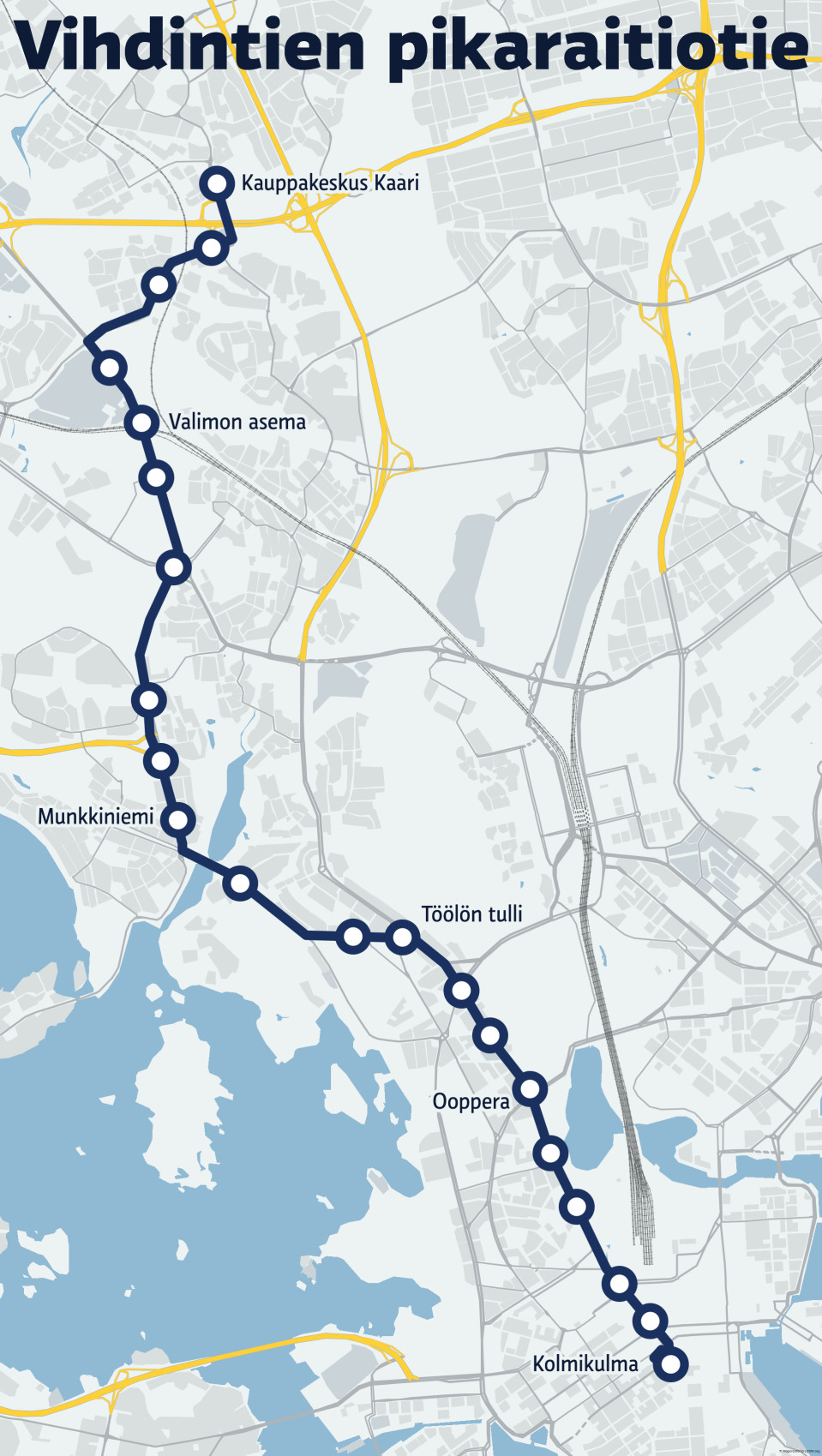 Karttakuva Vihdintien pikaraitiotien suunnitellusta reitistä Kannelmäen kauppakeskus Kaaresta Valimon aseman, Munkkiniemen, Töölön tullin, Oopperan kautta Kolmikulmaan. 