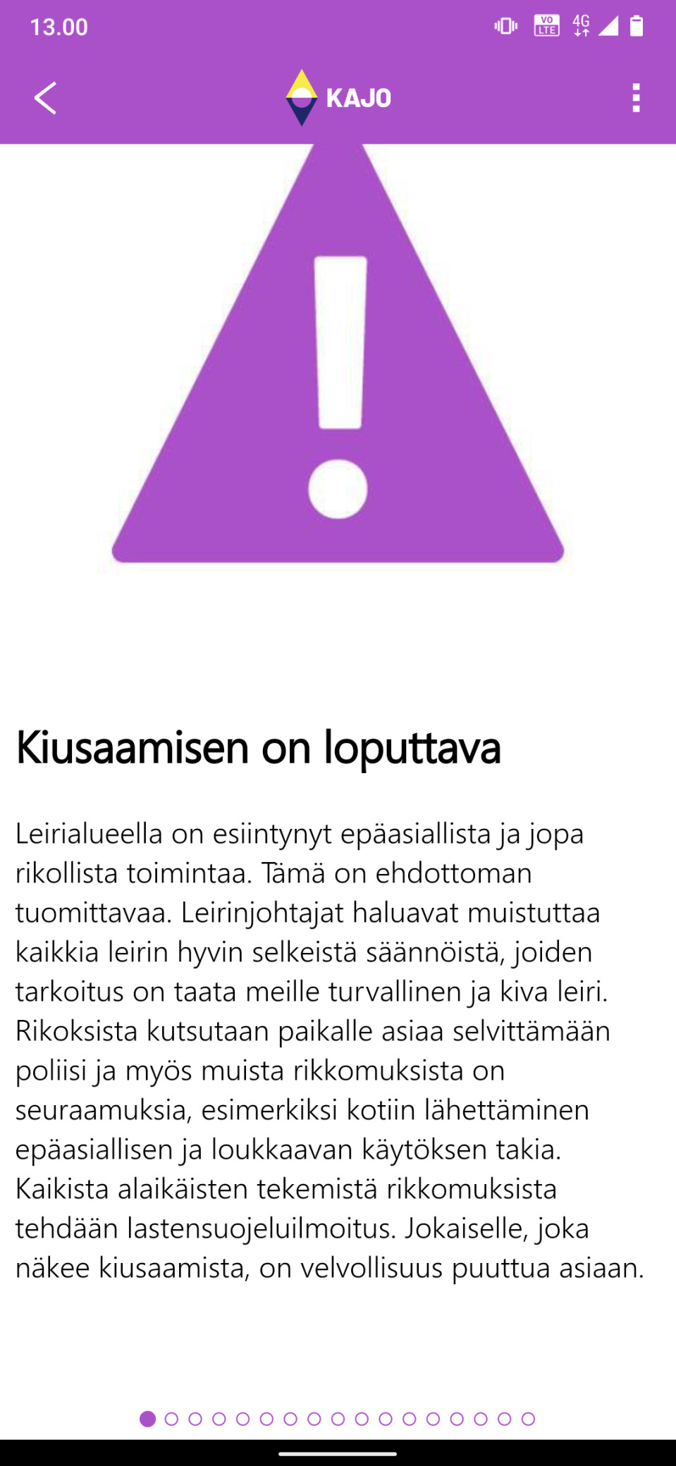 Kuvakaappaus Kajo-suurleirin sovelluksen tiedotteesta, jossa kerrotaan leirialueella esiintyneestä epäasiallisesta käytöksestä ja rikollisesta toiminnasta.