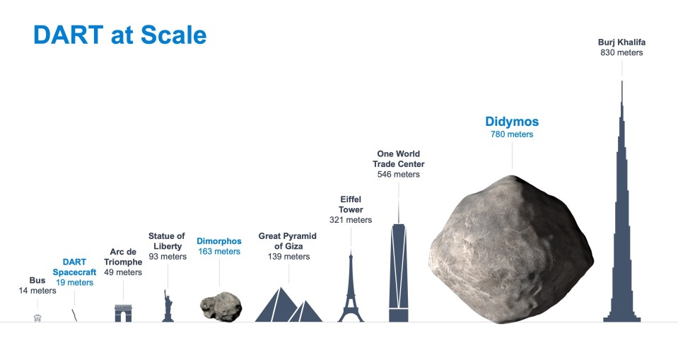 Havainnekuvassa asteroidien koko suhteutettuna rakennuksiin