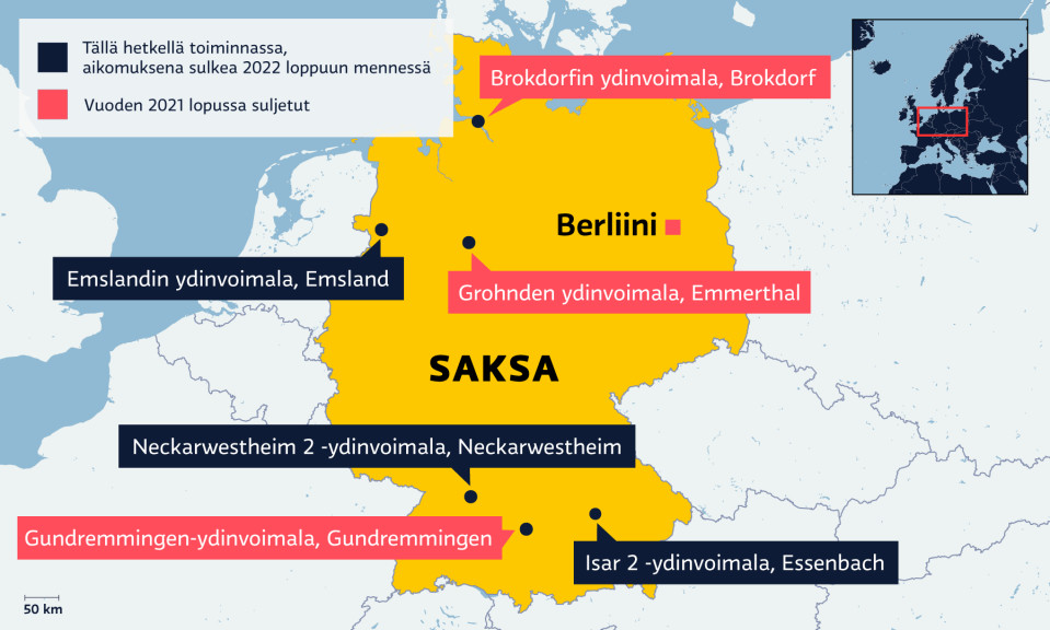 Kuusi Saksan ydinvoimalaa merkattuna Saksan kartalle. 