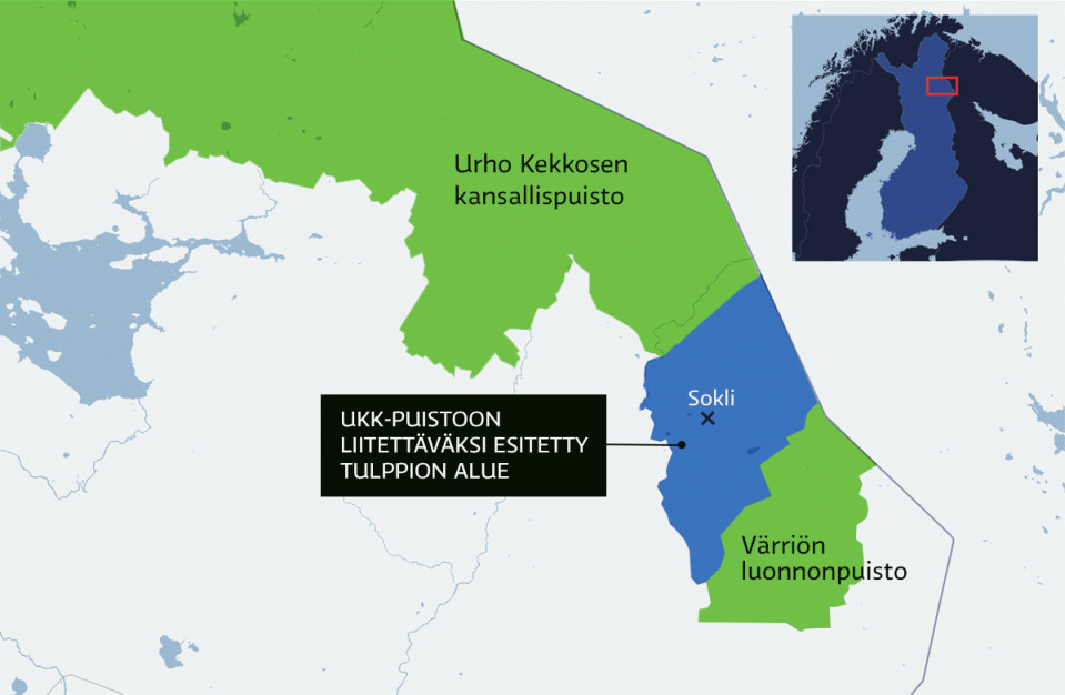 Kartta Urho Kekkosen-kansallispuistoon liitettäväksi esitetystä Tulppion alueesta.