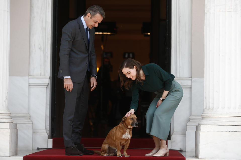 Suomen pääministeri Sanna Marin silittää Kreikan pääministerin Kyriakos Mitsotakisin koiraa.
