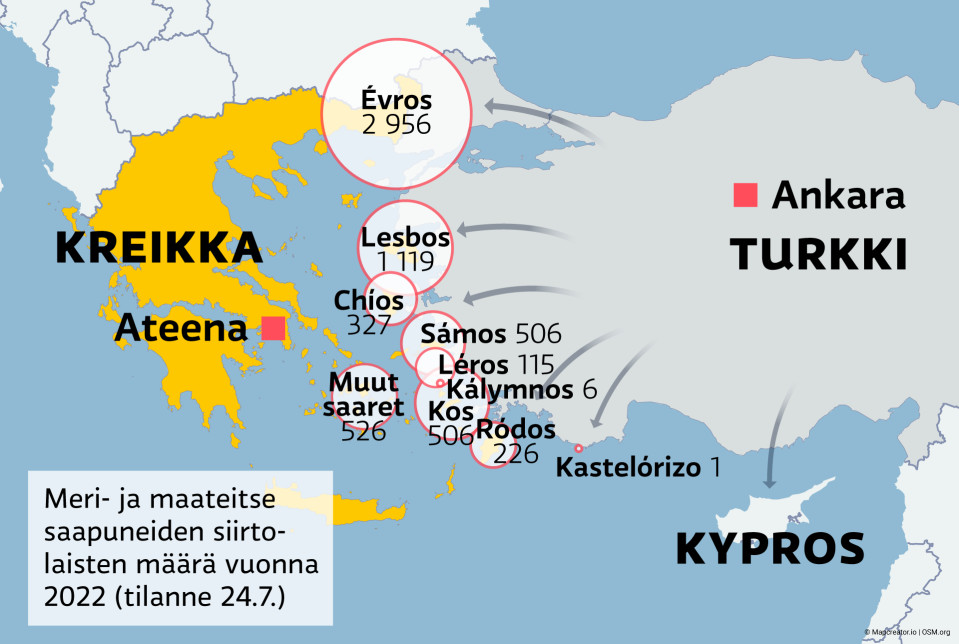 Kartta Turkista Kreikkaan saapuneiden siirtolaisten määrästä vuonna 2022 heinäkuun 24. päivään mennessä.