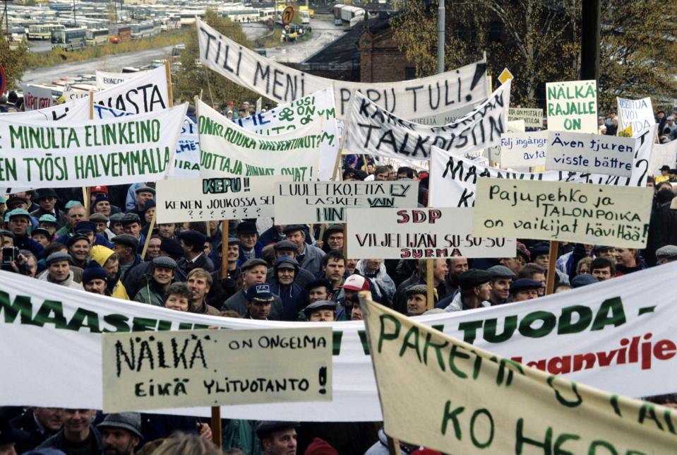 Maanviljelijöiden mielenosoitus hallituksen maatalouspolitiikkaa vastaan 22. lokakuuta 1991.