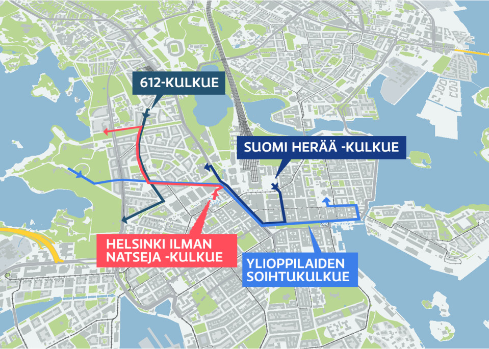 Itsenäisyyspäivän kulkueiden reitit kartalla.