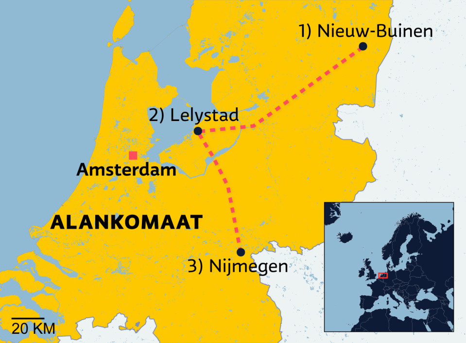  Karttaan merkattu Alankomaat, kaupungit Amsterdam, sekä reitti kaupunkien Nieuw-Bienin, Lelystadin ja Nijmegenin välillä.